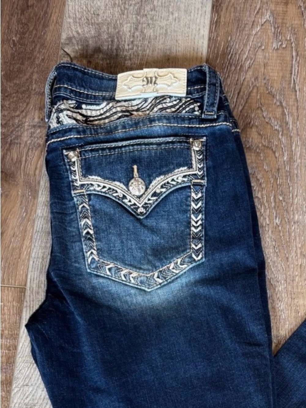 Miss Me Dark Blue Embroidered Pocket Jeans